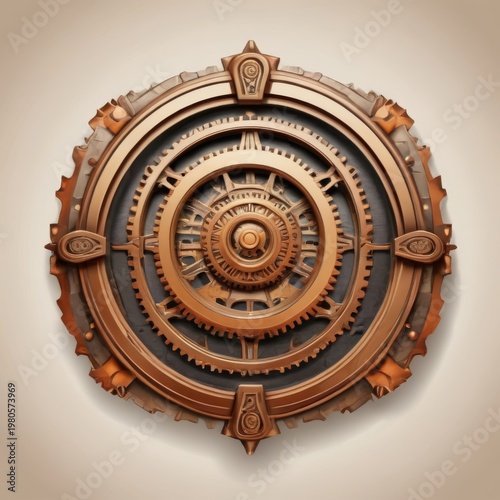 Intricate steampunk gear mechanism or ornate bronze clockwork logo design