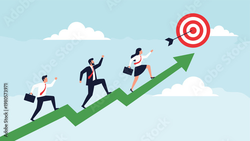 Group of business people running up a green rising arrow towards a red bullseye target in the sky to achieve success.