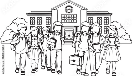 Group of diverse cartoon school children standing in front of a school building kids