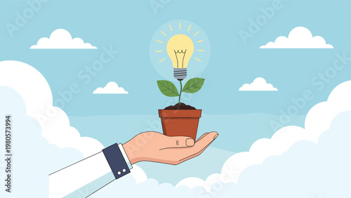 Hand holding a small potted plant where a glowing lightbulb is growing from the leaves against a sky background.