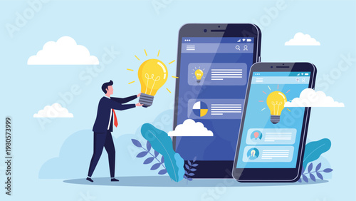 Innovative businessman presenting a glowing lightbulb idea to two large smartphone screens showing user profiles.