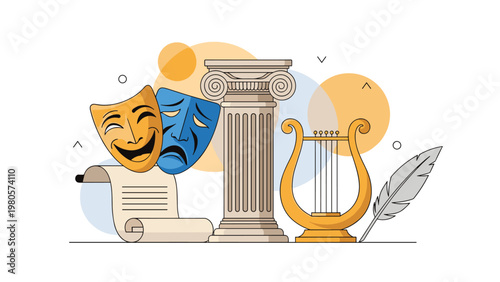 Comprehensive collection of classical art symbols including theater masks a Greek column lyre music instrument and an old feather quill.