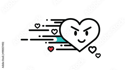 Determined heart character with an angry expression and speed lines moving quickly to represent intense passion or fast romantic feelings.