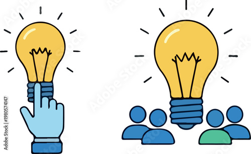 Hand touching light bulb above crowd triggering group idea concept with yellow glowing bulbs