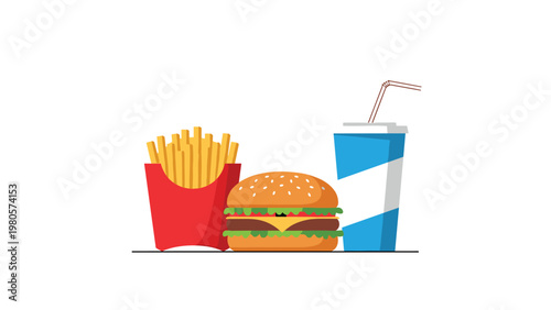 Classic fast food meal featuring a juicy hamburger salty french fries in a red carton and a blue soda cup with a straw on white background.