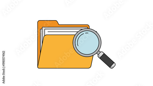 Digital file folder icon with a large magnifying glass representing data search information retrieval and organized storage concepts.