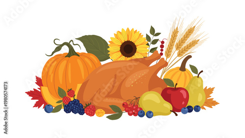 Abundant Thanksgiving harvest display with a roasted turkey surrounded by pumpkins sunflowers apples pears berries and wheat stalks.