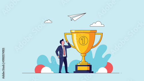 Businessman celebrating success next to a giant gold trophy with a paper plane flying in the sky, representing achievement and high goals.