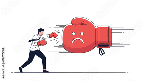 Businessman fighting against obstacles and depression represented by a giant red boxing glove with a sad face, symbolizing personal growth.