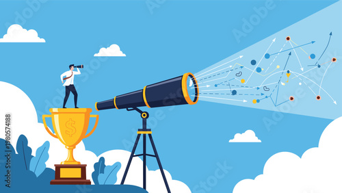 Business vision and strategic planning concept showing a leader on a trophy using a telescope to see multiple future paths for his company.