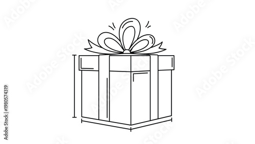 Line art illustration of a square gift box tied with a large ribbon bow featuring dimension lines to represent product sizing or packing.