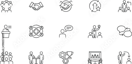 Set of business management and teamwork line icons featuring leadership collaboration professional communication and strategic achievement concepts.