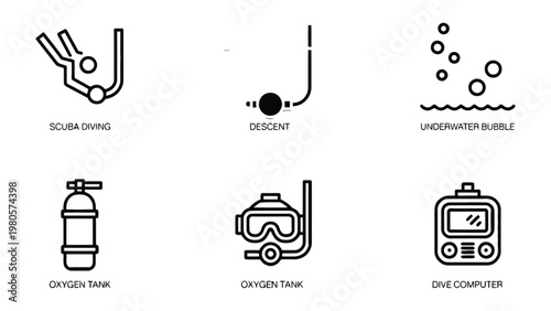 Scuba Diving Essential Icon Set: Explore the world of scuba diving with this minimalist icon set, perfectly illustrating the key elements needed for an underwater adventure. 