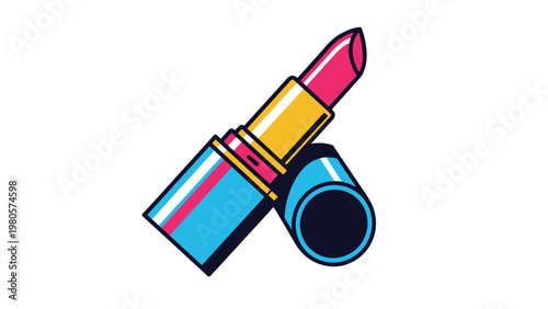 Vibrant pop art style illustration of a pink lipstick tube with a yellow case and blue cap creating a bold and trendy cosmetics graphic.