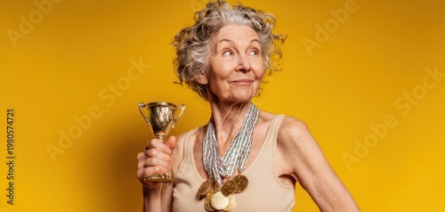 The Senior Woman Holding a Trophy and Wearing Medals, Smiling Confidently Against Yellow Background