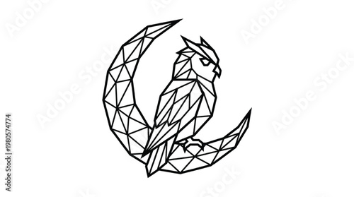Minimalist Geometric Owl Perched on Crescent Moon | Modern Forest Night Polygon Line Art Isolated Transparent PNG