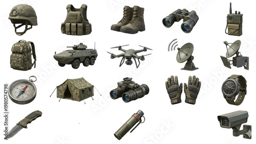 Military equipment and tactical gear collection, 18 army combat icons in khaki green, realistic soldier survival tools and defense technology vector set