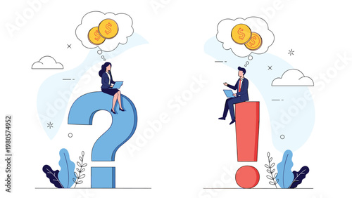 Financial problem solving and investment planning concept with a man and woman on giant punctuation marks while thinking about money.