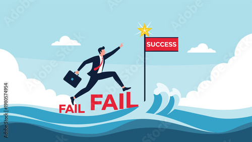 Overcoming failure and achieving business success concept showing a professional man jumping across ocean waves from fail to success flags.