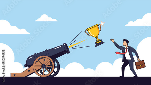 Rapid success and career opportunities concept with a giant cannon firing a golden trophy towards a surprised businessman with a briefcase.