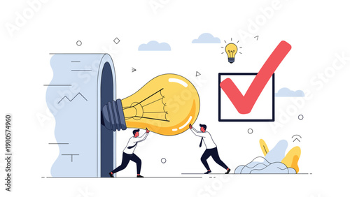 Collaborative idea implementation and project approval concept with two businessmen pushing a giant lightbulb into a tunnel for success.