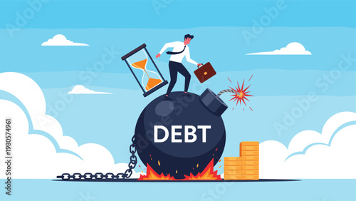 Financial crisis and debt management urgency concept with a businessman on a giant bomb with an hourglass while fire burns at the base.