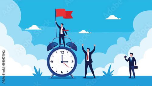 Time management and meeting deadlines concept with a businessman holding a victory flag while standing on top of a giant alarm clock.