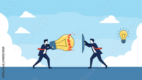 Competitive innovation and idea protection concept with two professional men fighting with lightbulbs while one uses a protective shield.