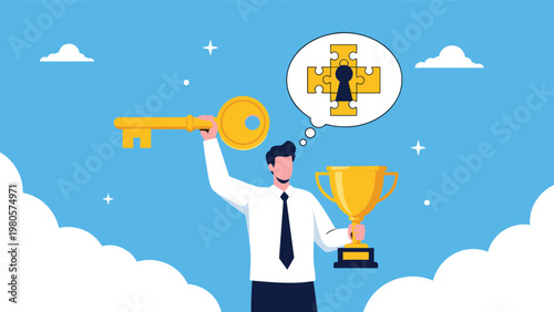 Successful businessman holding gold key and winning trophy while thinking of puzzle pieces forming a solution for growth.