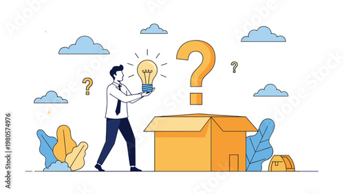 Innovative businessman finding a bright solution by taking a glowing light bulb out of a large cardboard box with questions.