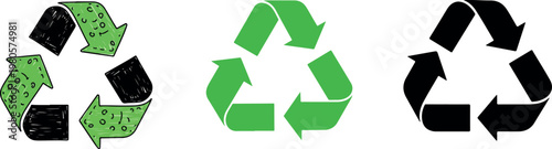 Sequential recycling symbol arrows transitioning from black to green circular sustainability