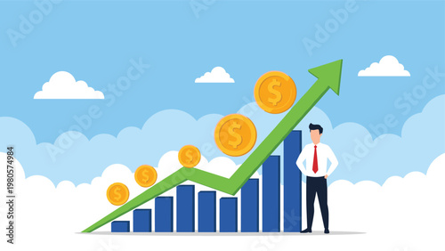 Confident businessman standing beside an upward trending bar chart with gold coins representing significant financial growth and profit.