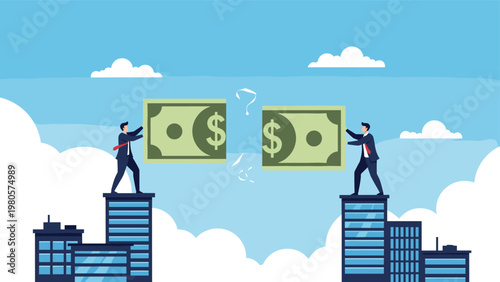 Businessmen working together to bridge a financial gap by pushing two halves of a large dollar bill across city skyscrapers.