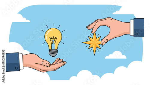 Close-up of two business hands exchanging a glowing light bulb and a golden star representing the trade of ideas and rewards.