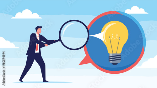 Focused businessman using a large magnifying glass to closely inspect a glowing light bulb representing a new business idea or solution.