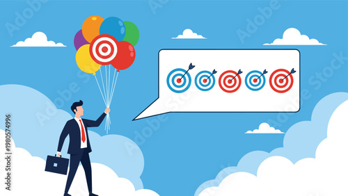 Professional businessman holding a bunch of colorful balloons with target symbols representing multiple goals and successful business objectives.