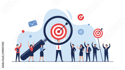 Group of diverse people cheering as a giant magnifying glass focuses on a target held by a professional businessman for collective success.