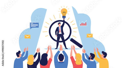 Successful businessman holding a glowing light bulb high while standing inside a large magnifying glass as a group of people applaud his idea.