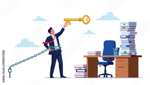 Trapped businessman wearing chains trying to reach for golden key above office desk with piles of documents representing freedom.