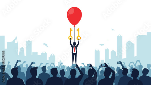 Silhouette of businessman floating high with red balloon holding golden keys above crowd of people with smartphones in city.