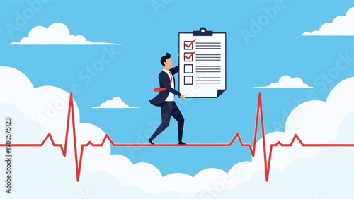 Confident businessman balancing on red heart rate line while holding giant checklist representing health and task management.