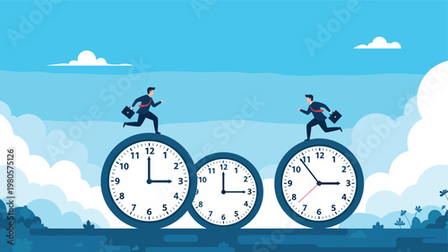 Businessmen running on top of giant clock wheels representing time management and racing against deadlines in corporate world.