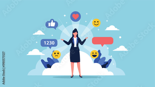 Professional businesswoman standing amongst social media interaction icons like hearts and thumbs up representing online presence.