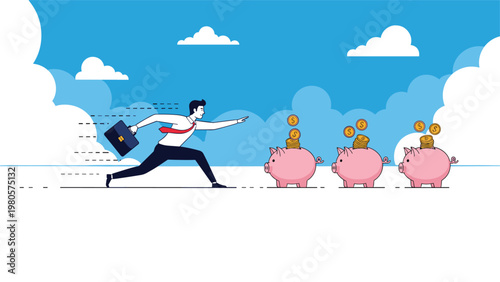 Focused businessman running with briefcase towards rows of piggy banks catching falling gold coins for financial savings.