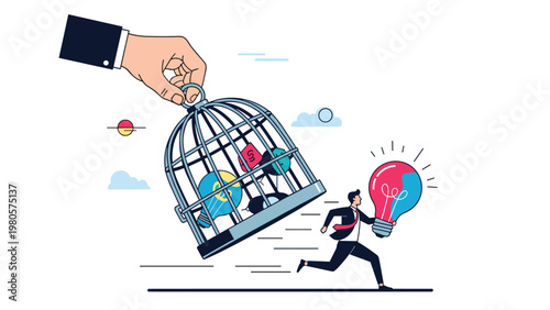 Giant corporate hand lifting cage to release creative lightbulb ideas as businessman runs away with bright glowing bulb.