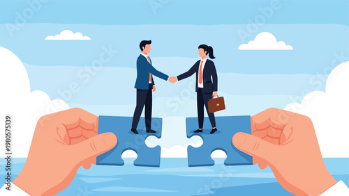 Giant hands assembling puzzle pieces where businessman and businesswoman shake hands symbolizing successful partnership.