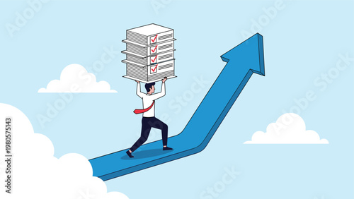 Hardworking businessman carrying heavy stack of checked documents while walking up blue rising arrow towards success.