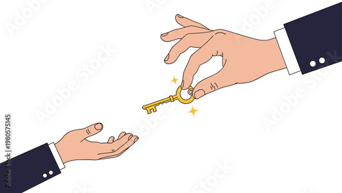 Close up of professional hands in suits passing golden key representing inheritance of success or handover of power.