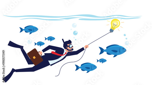 Scuba diving businessman underwater with briefcase using fishing rod to catch bright lightbulb representing deep ideas.