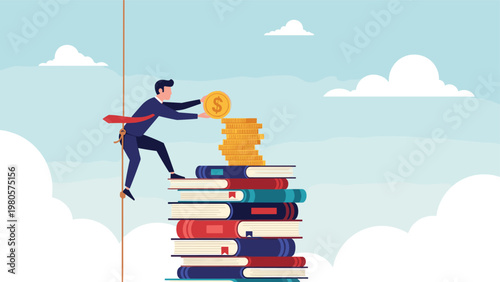 Ambitious businessman standing on high stack of books reaching for gold coin representing knowledge leads to wealth.